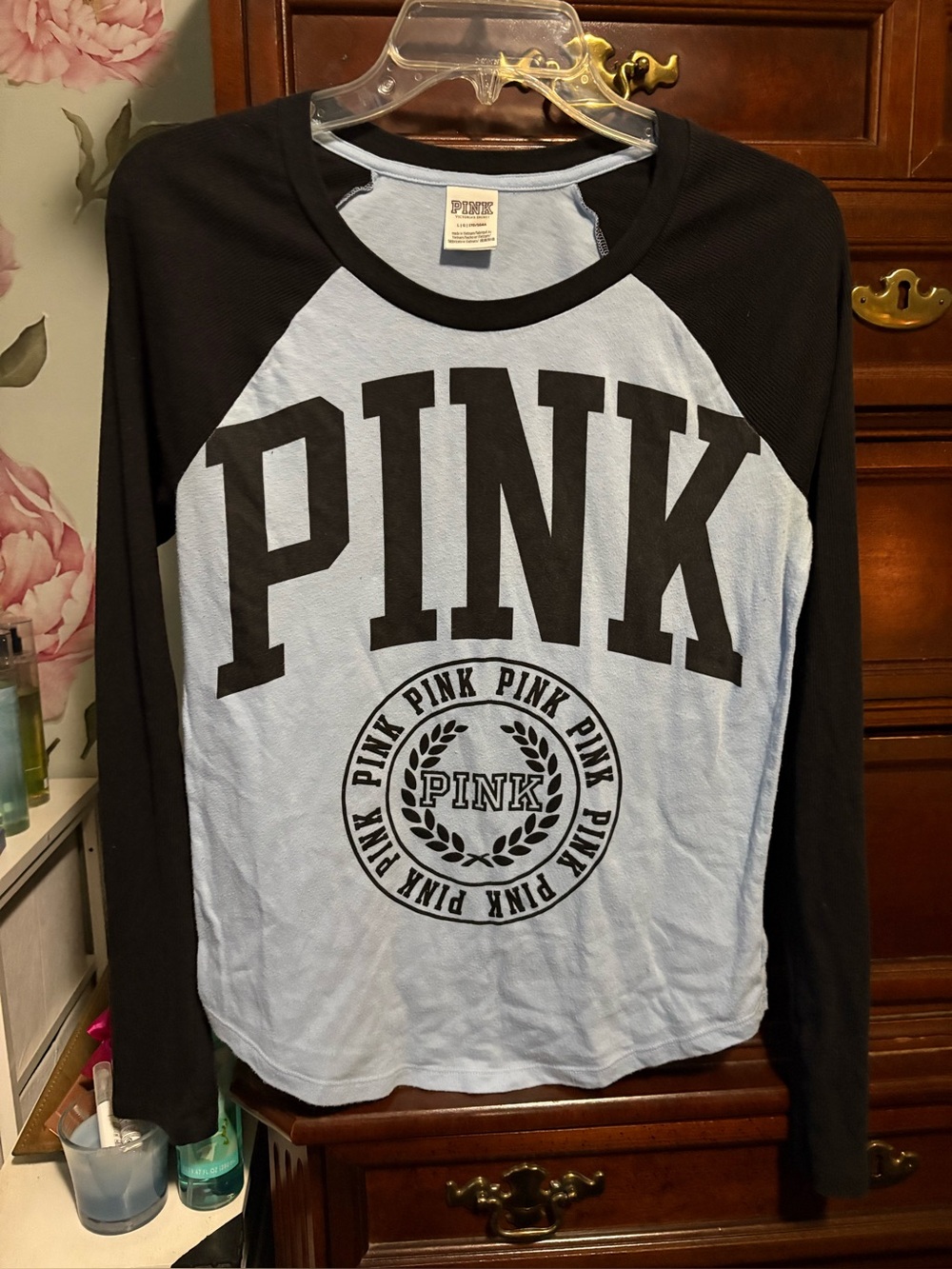 PINK Victoria's Secret Women’s Raglan Long Sleeve Tee in Light Blue and Black